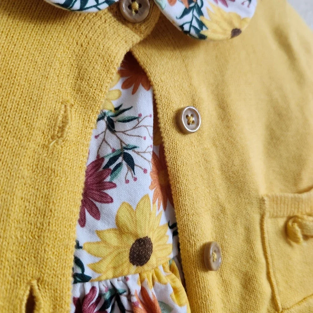 Good Lad Baby Girls 12M Yellow Sunflower Cardigan Dress‎ Set Peter Pan Collar
